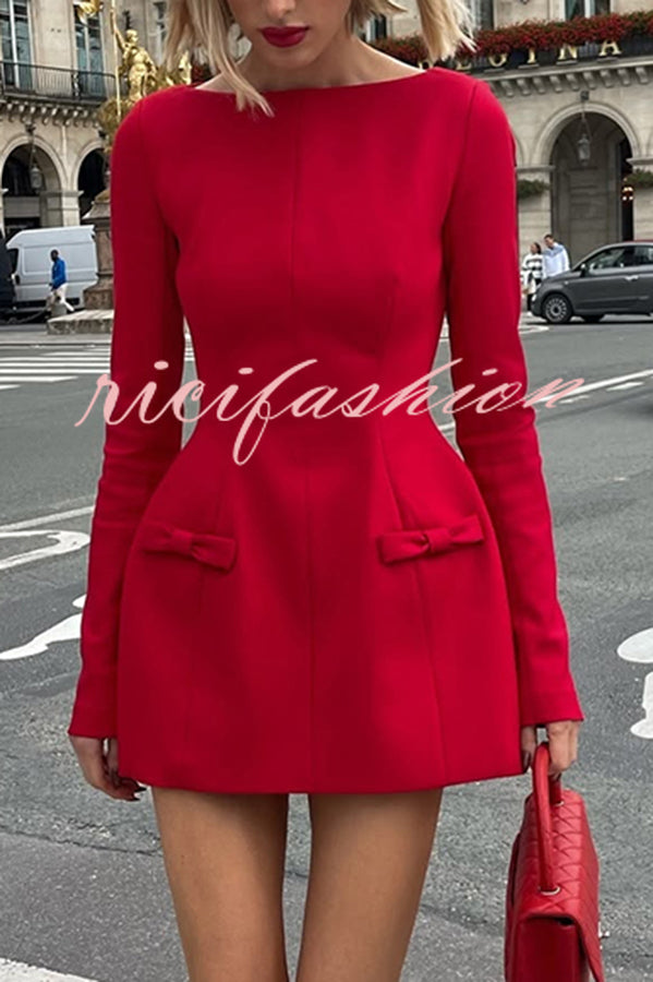 Budding Elegance Bow Detail Boat Neck Long Sleeve Mini Dress