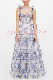 Fairytale Itself Organza Floral Print Tie Strap Maxi Dress