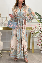 Fresh Pickings Floral Bohemian Print Balloon Sleeve Button Up Maxi Dress