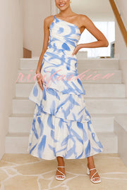 Romantic Season Flower Print One Shoulder Ruched Tiered Maxi Dress