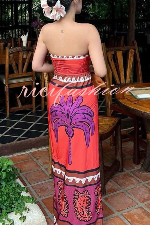 Botanical Floral Print Sexy Stretchy Tube Top High Waist Slit Maxi Dress