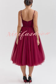 Royal Treatment Tulle Bows Detail Ruched Slip Midi Dress