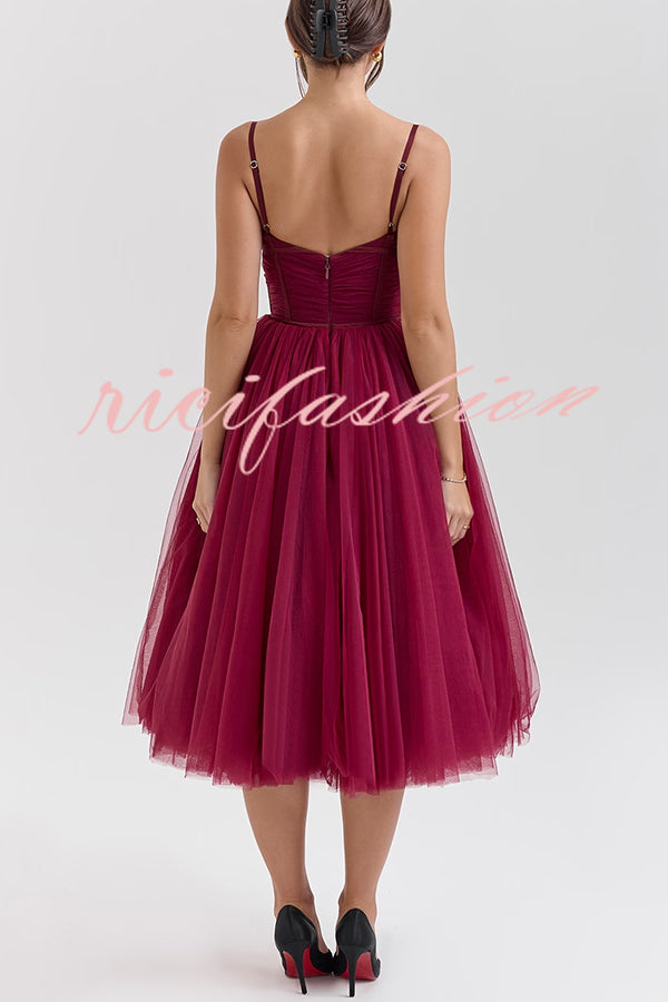 Royal Treatment Tulle Bows Detail Ruched Slip Midi Dress