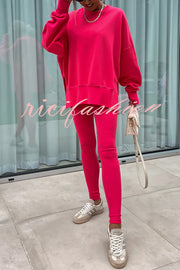 Solid Color Loose Long Sleeve SlitSweatshirt and Elastic Waist Tight Pants Set