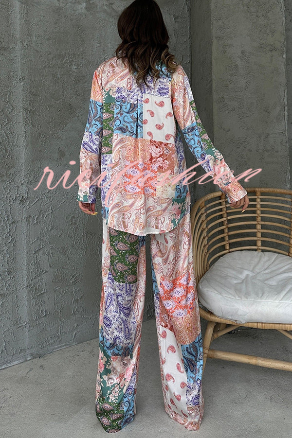 Unique Ethnic Print Long-sleeved Shirt and Elastic Waist Pants Set