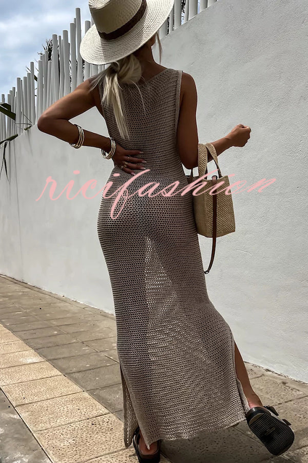 Solid Color Knitted Cutout Slit Slim Fit Maxi Dress