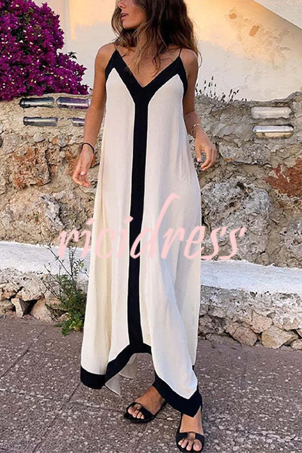 Traveling The Horizon Satin Colorblock Strap Loose Maxi Dress