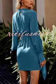 Satin Round Neck Long Sleeve Elastic Tie Mini Dress