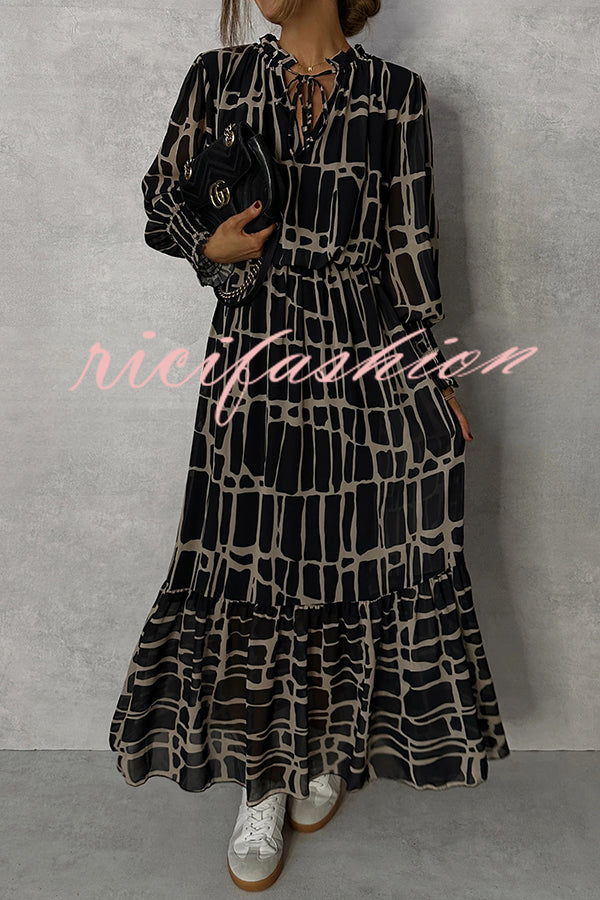 Unique Printed V-neck Tie-up Waist Long-sleeve Maxi Dress