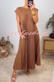 Solid Color Round Neck Sleeveless Pleated Large Hem Maxi Dress