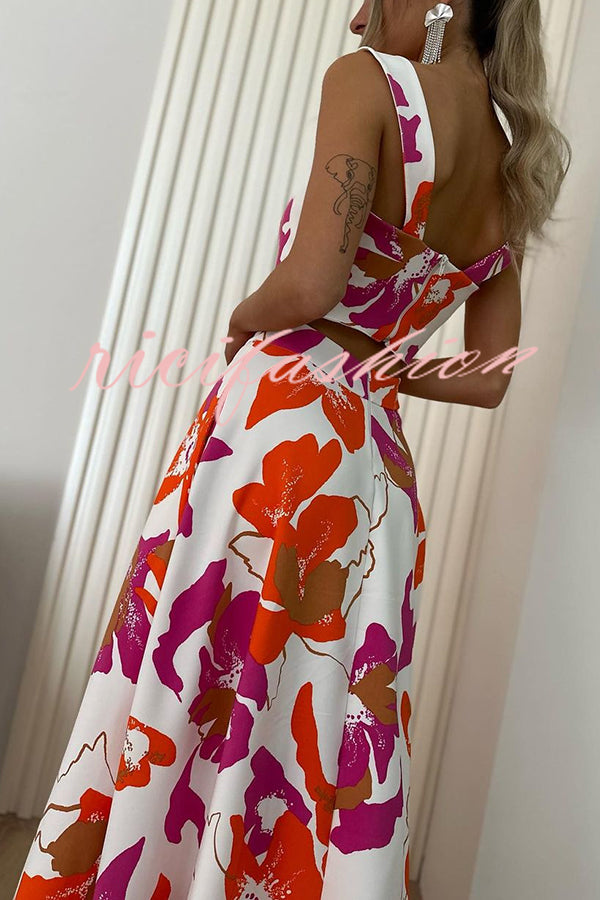 Stylish Floral Print Sling Top and Large Hem Pockets Maxi Skirt Set