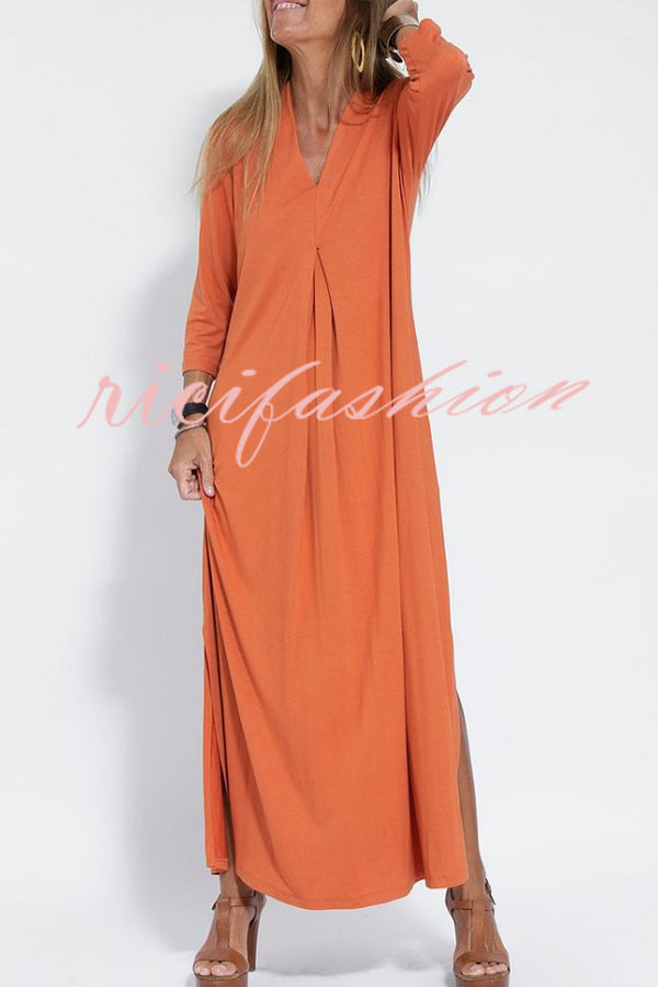 Solid Color V-neck Casual Slit Maxi Dress