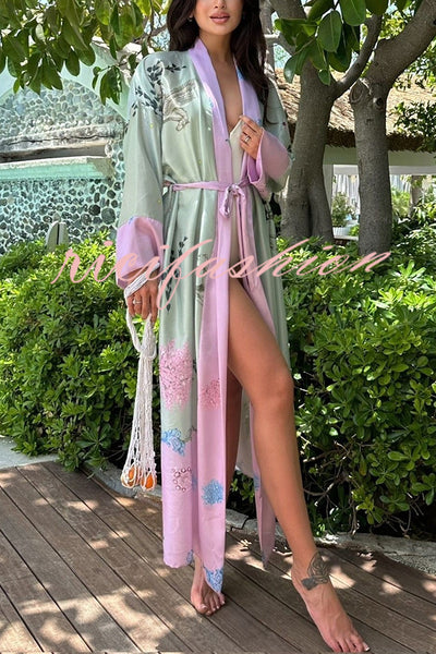 Karty Satin Unique Print Long Sleeve Belt Lapel Kimono Cover-ups