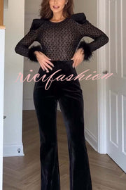 Monique Fish Scale Lace Sequin Velvet Patchwork Feather Trim Belted Stretch Flare Jumpsuit