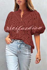 Hollow Embroidered Lace V-neck Buttoned Lantern Sleeve Blouse