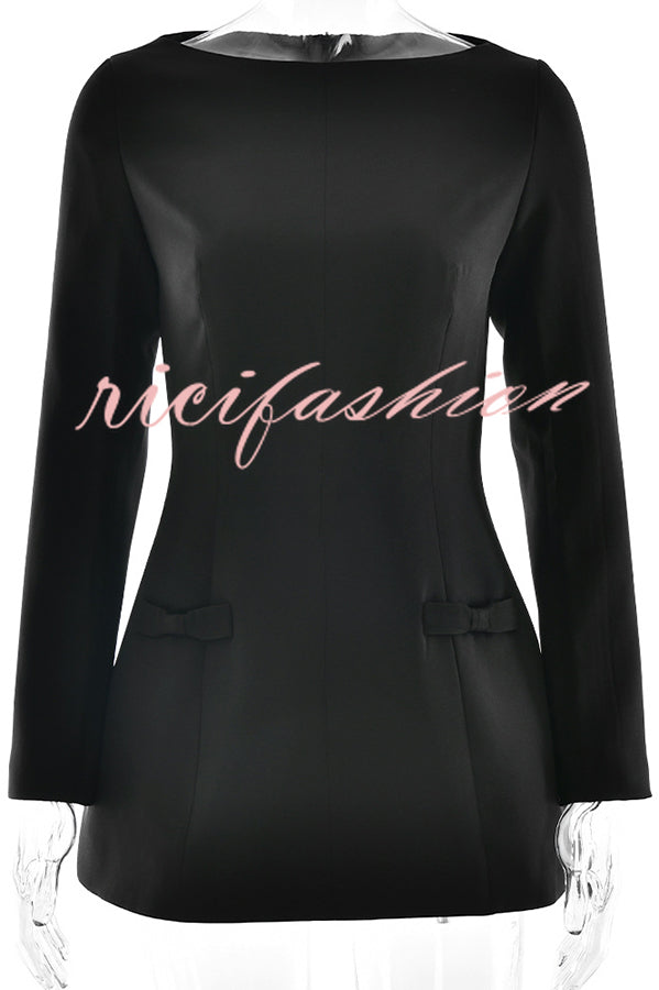 Budding Elegance Bow Detail Boat Neck Long Sleeve Mini Dress