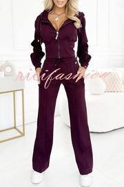 Solid Color Hooded Zip-up Jacket and Elastic Waist Pocket Wide-leg Pants Set