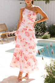 Romantic Season Flower Print One Shoulder Ruched Tiered Maxi Dress