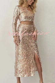 Solid Sequined Long-sleeved Crop Top and Sexy Slit Midi Skirt Set