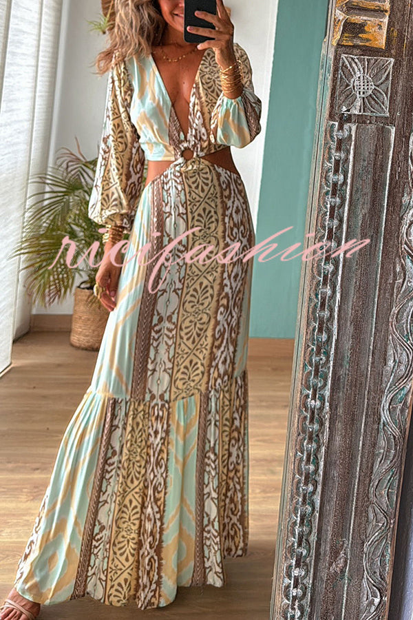 Sefora Unique Color Block Print Long Sleeve Ring Cutout Back Tie-up Maxi Dress