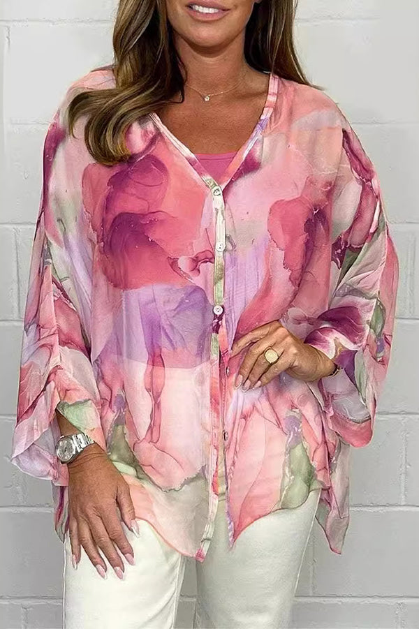 Unique Printed Long Sleeve V-neck Chiffon Loose Shirt