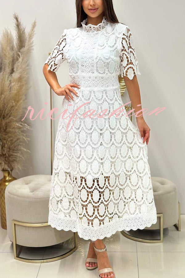 Elegant Crocheted Cutout Lace Short-sleeved Stand-collar Midi Dress