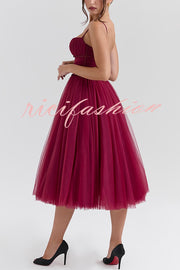 Royal Treatment Tulle Bows Detail Ruched Slip Midi Dress