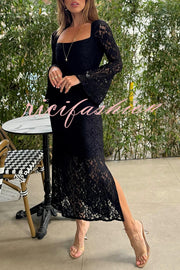 Luxe Lifestyle Lace Square Neck Bell Sleeve Lined Slit Midi Dress