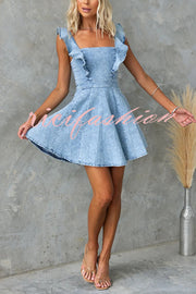 Sweet Secret Denim Square Neck Ruffle Sleeve Stretch Mini Dress