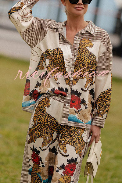 Exotic Leopard Flower Patchwork Print Button Down Oversized Blouse