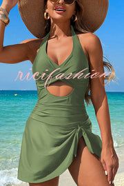 Fashionable Halterneck Waist Hollow Stretch One-piece Swimsuit