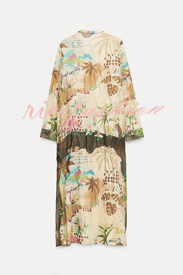 Cayla Linen Blend Unique Print Button Long Sleeve Shirt Midi Dress