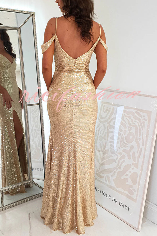 Prom Dreamland Sequin Cold Shoulder Ruched Slit Maxi Dress