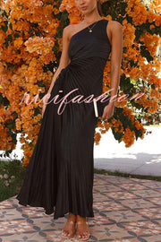 Charming One Shoulder Lace Up Cutout Pleated Maxi Dress