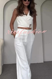 Crossover Slim Fit Sleeveless Vest and High Waisted Wide Leg Pants Set