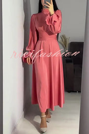 Solid Color Ruffled Sleeves Waisted Tie Slim Fit Maxi Dress