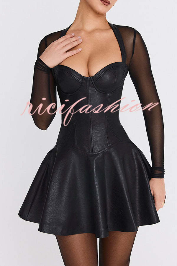 Fun and Flirty Faux Leather Mesh Sleeve Stretch Mini Dress