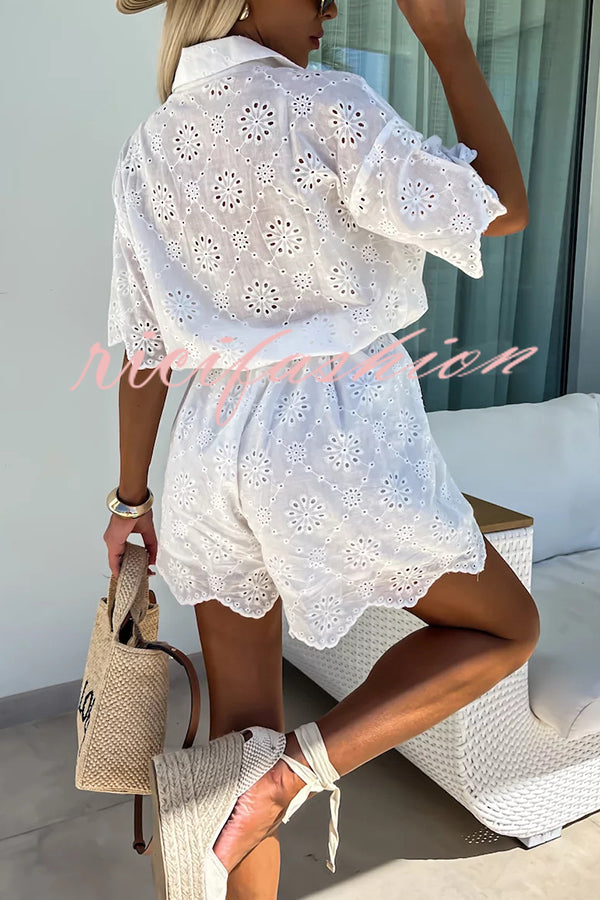 Elegant and Chic Embroidered Lace Flowers Button Up Belted Loose Shirt Romper