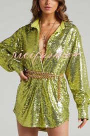 Solid Color Sequined Long-sleeved Casual Mid-length Loose Shirt