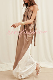 Elegant Whisper Satin Colorblock Halter Asymmetrical Hem Drape Maxi Dress