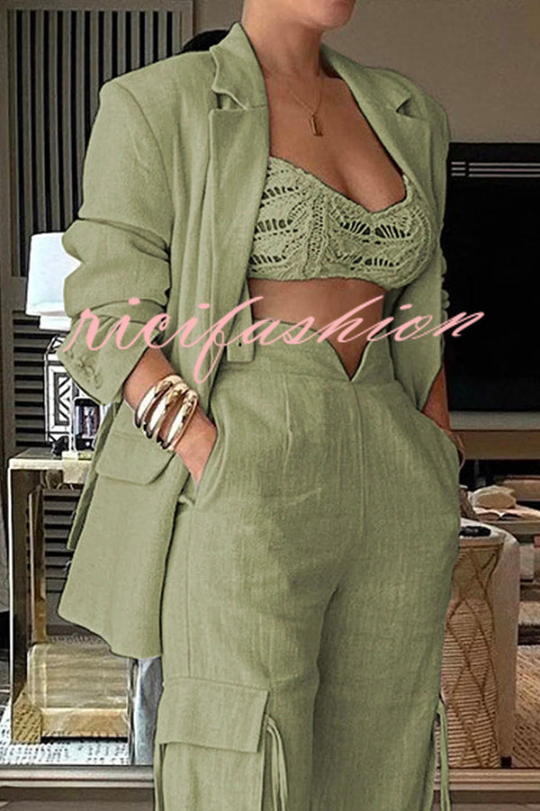 Stylish Lapel Long Sleeve Loose Jacket and Casual Pocket Lace-up Straight Leg Pants Set