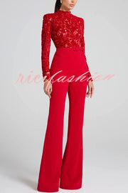 Eleanor Embroidered Floral Lace Long Sleeve Patchwork Belt Flare Jumpsuit