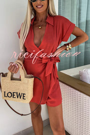 Relaxing Beach Linen Blend Solid Color Wrap Loose Shirt Romper