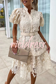 Absolutely Elegant Floral Crochet Lace Puff Sleeve Belted Shirt Midi Dress