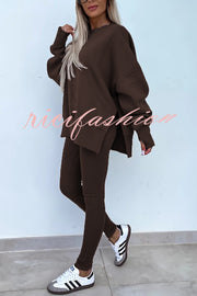 Solid Color Loose Long Sleeve SlitSweatshirt and Elastic Waist Tight Pants Set