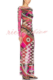 Gypsy Girl Mesh Unique Print Wide Neck Long Sleeve Stretch Maxi Dress