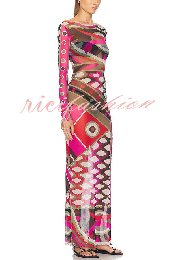 Gypsy Girl Mesh Unique Print Wide Neck Long Sleeve Stretch Maxi Dress