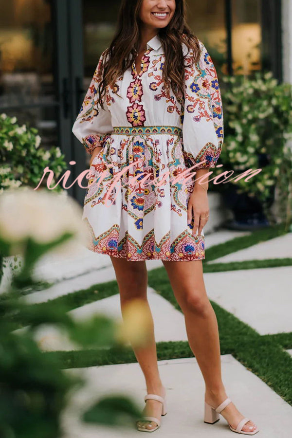 Fun and Vibrant Linen Blend Unique Print Puff Sleeve Pocketed Shirt Mini Dress