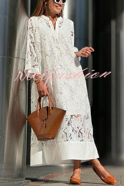 Confidence and Adventure Flower Lace V-neck Bell Sleeve Loose Midi Dress