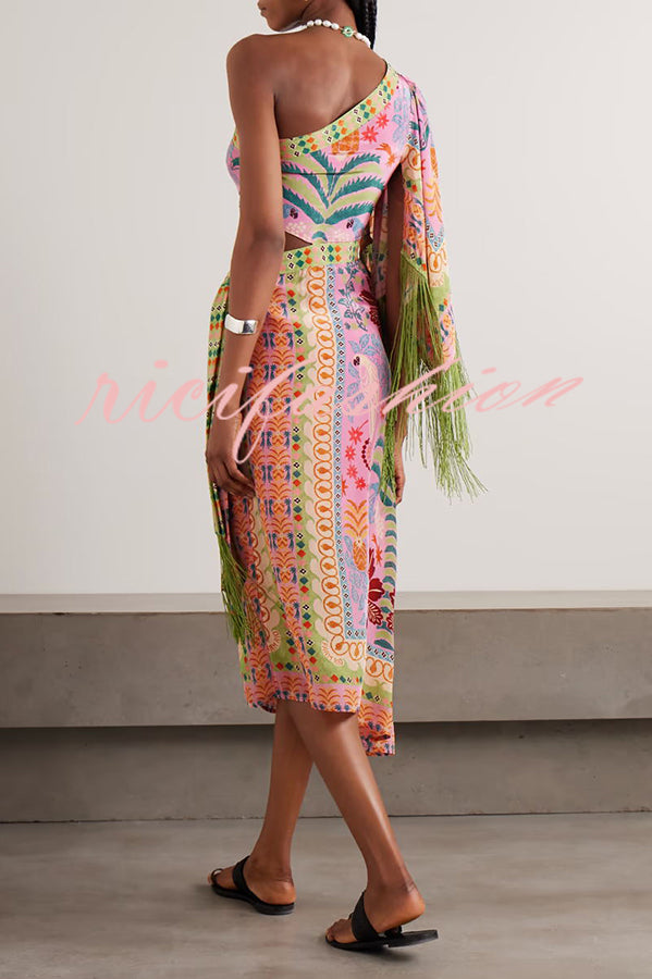 Fruits Queen Unique Print One Shoulder Fringe Detail Scarf Midi Dress